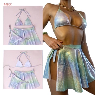 Miss Mulheres Sexy 3 pzs conjunto de Bikini Halter brillante degradado Iridescente traje de baño metálico con falda de playa plisada traje de baño