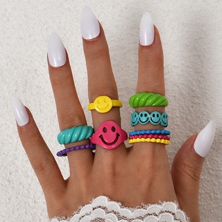 Sweet Colorful Candy Color Smile Face Geometric Rings Set Fashion Simple Party Finger Rings for Women Jewelry Gifts
