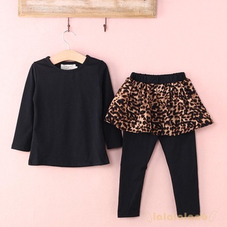 Laa6-kid Baby Girl 2Pcs negro manga larga cuello redondo Tops + Leopard Print Culottes pantalones largos