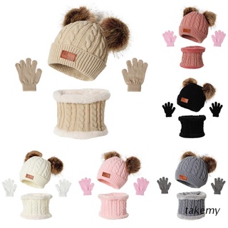 takemy invierno caliente bebé lana sombrero guantes bufanda conjunto doble bolas de piel gorro manopla