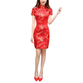 ☎Zt♂Mujer rojo chino Cheongsam, manga corta flor de ciruela impresión flor Split dobladillo Mini vestido de noche