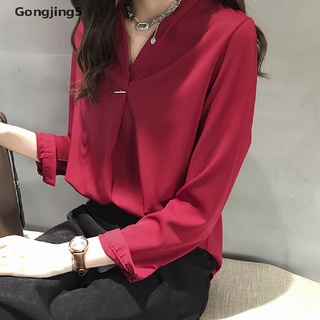 Gongjing5 más el tamaño de las mujeres camisa suelta Casual sólido V-cuello blusa de las mujeres de manga larga Tops MY