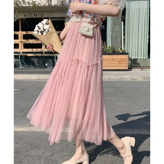 ❤Ready Stock❤2020 spring and summer new women's popular mesh pleated skirt mid-length pink fairy skirt with large swing skirt
