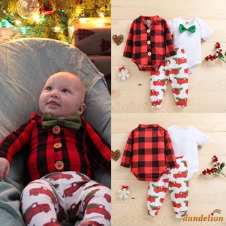 DANDELION-Baby Boy’s Christmas Clothes Set Plaid Long Sleeve Romper, Bowtie Short