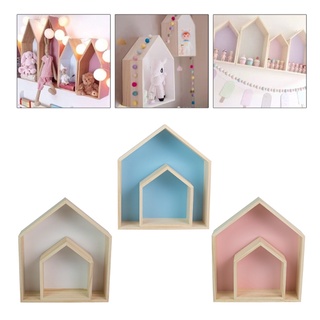 CELION 2 Pcs Lovely Wooden House-Shaped Storage Rack Kids Room Decoration Floating Wall (4)