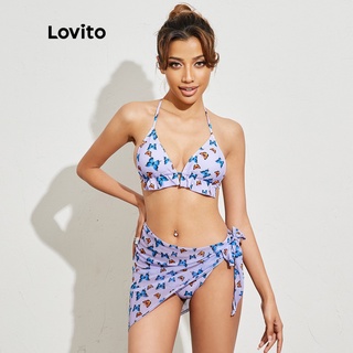 Lovito Set de Bikini Lindo Mariposa Frunces Lazo Cloth Printing L16X082 (Púrpura)