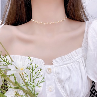 Collar de perlas de tejido vintage con solapa de doble piso con cadena de clavícula corta