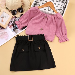 Lm niños conjuntos de ropa niñas verano rosa media manga cuello redondo Top negro cinturón pantalones cortos estilo coreano traje 5-12 años
