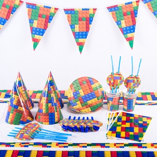 lego bloques de construcción desechables vajilla decoración conjunto bandera torta topper plato paja bebé fiesta de cumpleaños necesidades de bienvenida celebrar