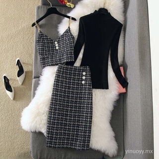 Ropa de mujer de talla grande nuevo tejido de punto de moda de fondo de otoño e invierno falda de lana conjunto de tres piezas vestido (1)