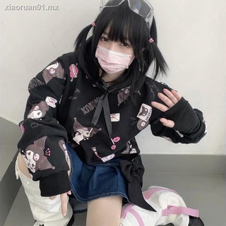 ❐❀☫Suéter con estampado completo de dibujos animados japoneses Kuromi kuromi estilo Harajuku femenino suave chica con capucha suelta chaqueta de estudiante coreana (4)