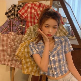 ❤Listo stock G&G mujeres Tops versión coreana de corto Crop Top Retro cuadros camisa