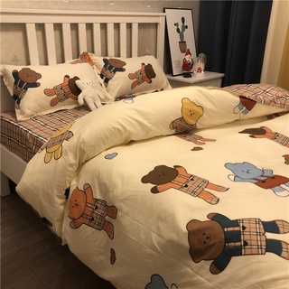 [nueva Llegada] juego de ropa de cama 4 en 1 a la moda, diseño de oso a cuadros, dormitorio, edredón, sábana plana, funda de almohada