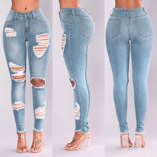 las mujeres de la moda jeans denim agujero mujer cintura alta estiramiento delgado sexy lápiz pantalones