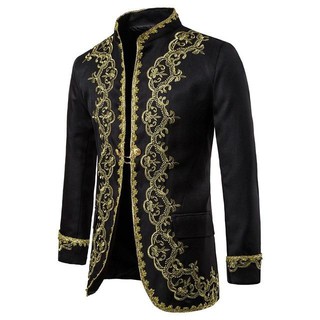 Estilo británico palacio príncipe gótico chamarra de moda negro terciopelo oro bordado Punk Outwear boda novio Slim Fit chamarra