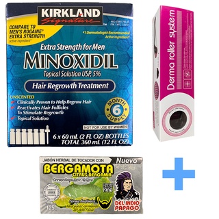 Minoxidil Kirkland 5% Solución Tópica (6 meses) + Derma Roller y Jabón de Bergamota | Crecimiento de Barba y Cabello