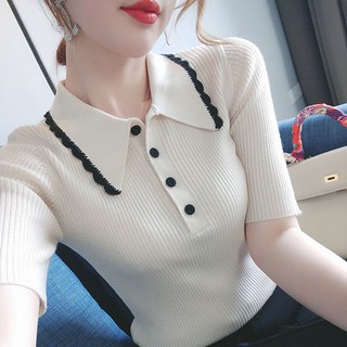 Hielo de seda de manga corta t-shirt de las mujeres de verano cuello POLO botón adelgazar delgada cobertura punto fondo camisa de las mujeres superior (2)