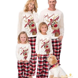 Pft7-ropa de dormir de navidad padre-hijo, manga larga cuello redondo alce impresión Tops blanco rojo cuadros pantalones