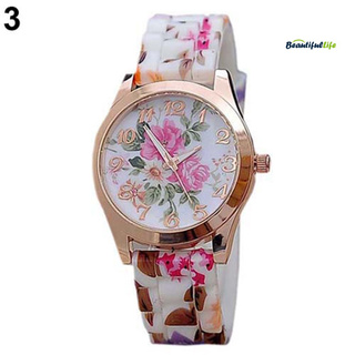 Beautifullife - reloj de pulsera de cuarzo con estampado de flores, banda de silicona, números árabes (4)