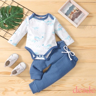 ✲Wg☌Unisex bebé ballena impresión manga larga O-cuello mameluco+pantalones de cordón de Color sólido