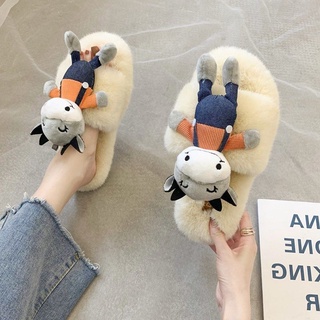 Ropa exterior zapatillas de felpa de las mujeres otoño/invierno 2020 nueva moda lindo muñeca de dibujos animados plana de algodón de felpa sli: 2020✿#Go✿[Hl21.8.21]