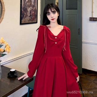 Vestido Rojo de gran tamaño para mujer francés Retro Navidad Año NuevommVestido de princesa con lazo de longitud media adelgazante