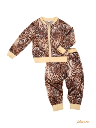 MMB-Kid ́s ropa 2 piezas conjunto, estampado de leopardo manga larga cremallera chamarra