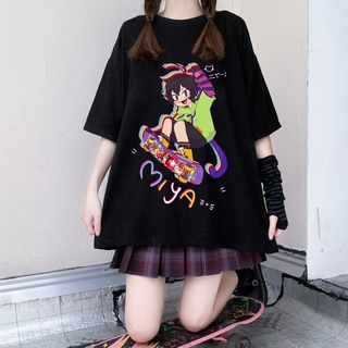 Camiseta verano 2021 nuevo japonés ins estilo universitario lindo dibujos animados impresión casual estiramiento suelto camiseta estudiante negro manga corta y2k (1)