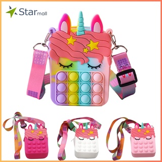 Unicornio Pop It Bag Fidget Toys Bandolera de hombro Bolsa antiestrés para niños Chica Regalo Llavero Cartera