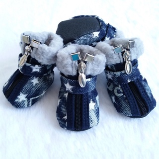BLUELAS 4 piezas/suministros para mascotas/patrón estrella/calor/mantener con cremallera/zapatos de mezclilla/invierno/zapatos (8)