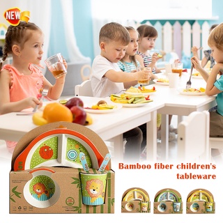 5Pcs/Set Fiber Baby Cartoon Tableware Kids Dinner Plate Toddler Feeding Dishes Children Training Bowl Spoon Fork