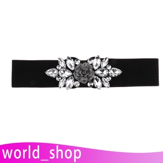 [worldshop] mujer retro rhinestone flor elástica cintura cintura envoltura con botón snap, negro/blanco/oro (6)