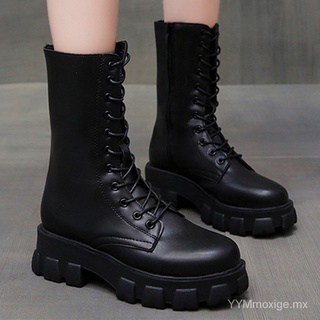 Botas de media caña con cordones y cremallera para Mujer, zapatos de plataforma, color blanco y negro, Otoño e Invierno irgJ