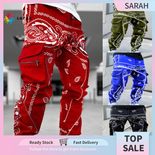 [kz] Men Harem Pants Printed Multi Pockets Drawstring Ankle Tied Cargo Trousers for Sports (1)