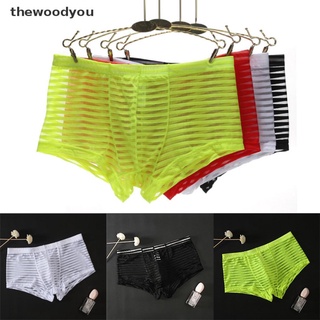[thewoodyou] Men Boxer Underwear Boxers Sexy Stripe Mesh Transparent Briefs Ultra-thin Silk .