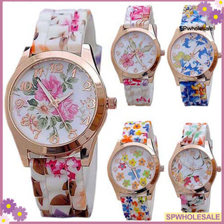 [sp] reloj de pulsera de cuarzo con correa de silicona con estampado de flores y números árabes para mujer