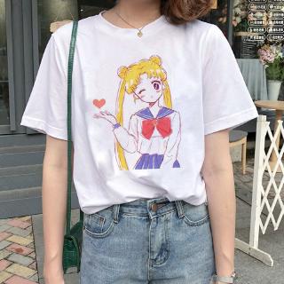 Kawaii Sailor Moon mujeres camiseta de los años 90 Harajuku Ullzang de dibujos animados impreso de manga corta moda lindo estilo Tops camisetas mujer
