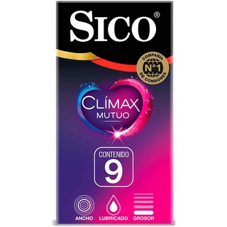 Sico Clímax Mutuo Condones de hule látex natural con benzocaína cartera con 9 piezas