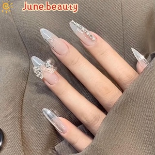 JUNE 24pcs/Box Detachable Almond False Nail Tip Artificial Nail Tips Wearable Manicure Tool Press On Nails Full Cover Bow Stiletto Fake Nails