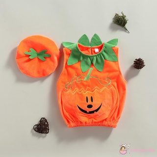 Babygarden-Unisex bebé ropa de Halloween, naranja calabaza bordado patrón sin mangas Tops y gorra conjunto