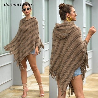 s.mx Women Pullover Hooded Poncho Cape Thick Fuzzy Knitted Striped Shawl Scarf Wrap Fringed Tassel Asymmetric Batwing Sweater