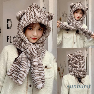 sunb dulce a prueba de viento moda oso oreja sombrero leopard rayas sombrero bufanda conjunto de invierno mujer
