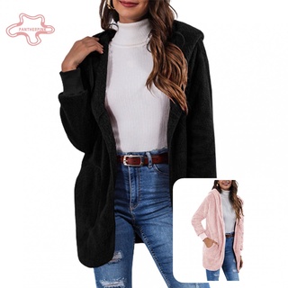 pantherpink Women Long Sleeve Solid Color Coat Plush Pockets Autumn Winter Warm Outerwear