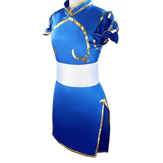 Game Street Fighter5 Chun-Li Cosplay Cheongsam Costumes Women Dress Set Coat Cheongsam Halloween Party Blue Skirt (3)