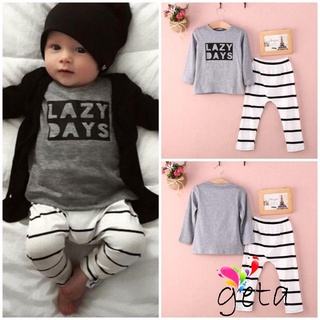 Ljw-zz niño bebé niños niñas conjunto de manga larga carta camiseta Top + rayas pantalones largos ropa Casual (2)