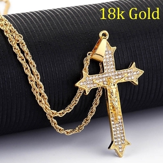 Collar con colgante de cruz de jesucristo de oro de 18 quilates para hombre joyería de moda de acero inoxidable cadena Hip Hop