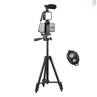 [POP]Andoer Phone Vlog Video Kit with Height Adjustable Tripod Phone Holder with Cold Shoe Microphone LED Video Light Remote Shutter for Phone Camera Video Making