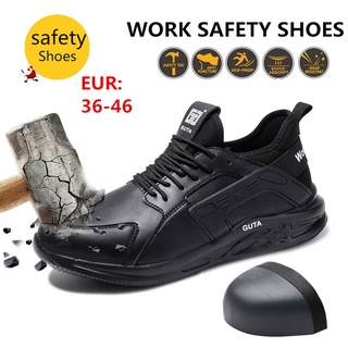 Moda y seguridad negro zapatos de seguridad de los hombres de las mujeres transpirable ligero zapatos de trabajo Kasut keselamatan de acero dedo del pie zapatos a prueba de golpes dan punción a prueba de pinchazos Kasut