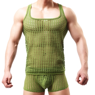 Men Sexy Mesh Sheer Fishnet Tank Tops Boxers Hollow Gym Training Muscle Slim Fit Vest Boxers 1set
