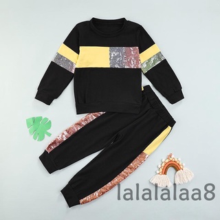 Laa8-yh 2 piezas trajes casuales para bebés, lentejuelas de manga larga cuello redondo jersey + pantalones de bloque de Color